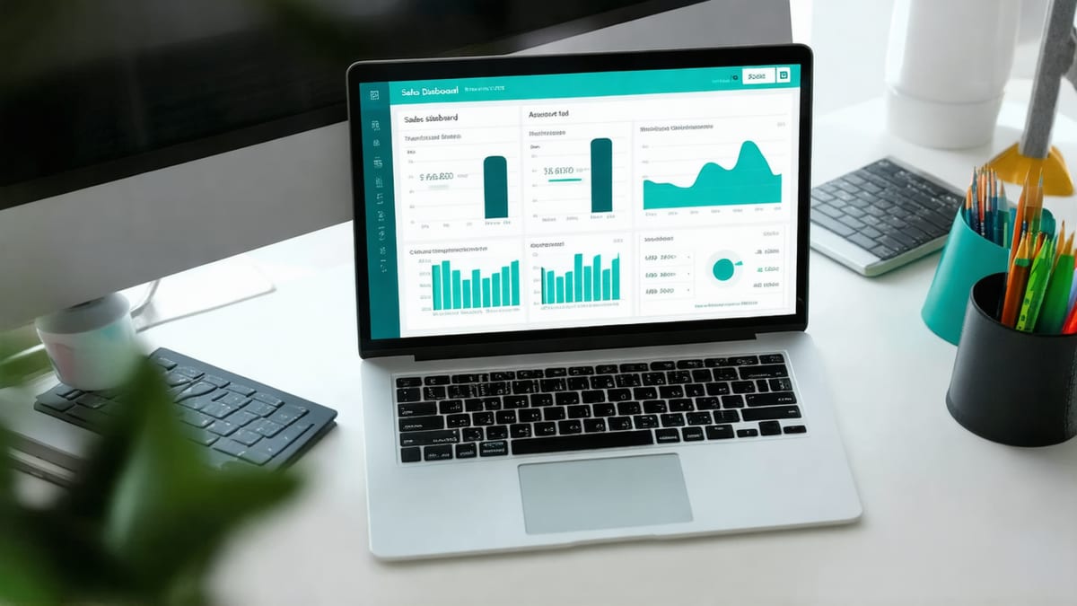 A laptop showing a clip-store sales dashboard with charts